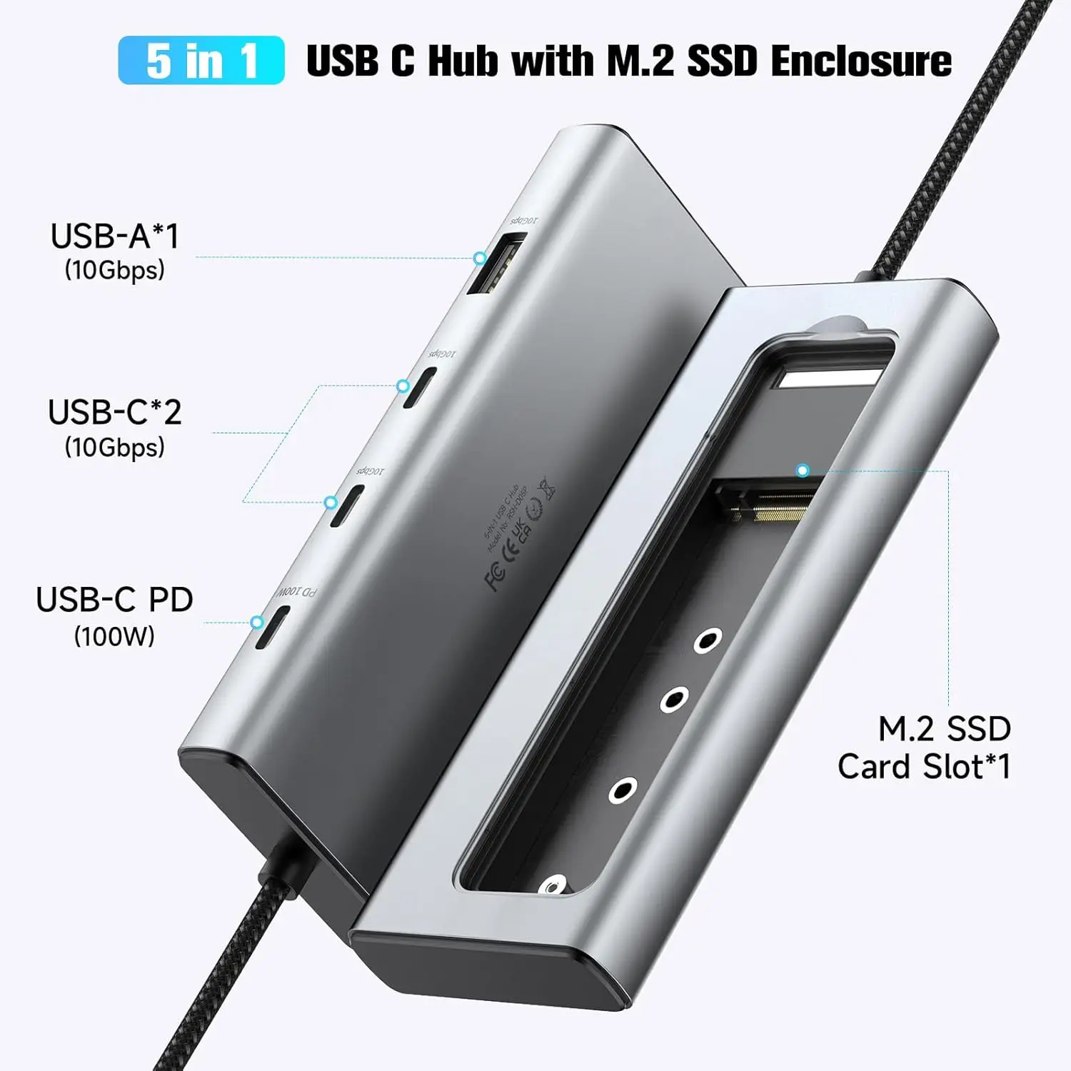 RSHTECH M.2 NVMe/SATA SSD Enclosure 5-in-1 Aluminum 10Gbps USB C Hub - Image 2