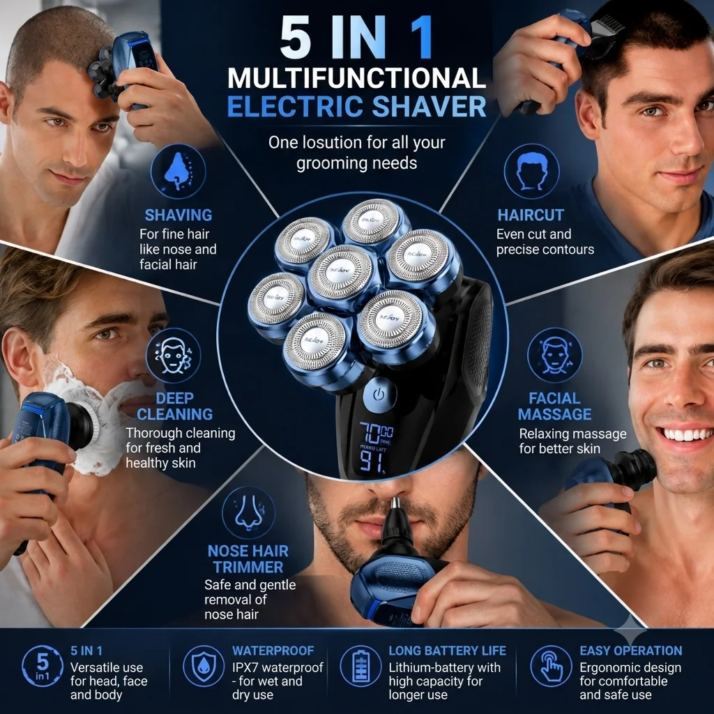 7D Head Shavers for Bald Men,5-in-1 Shaving Grooming Kit - Image 8