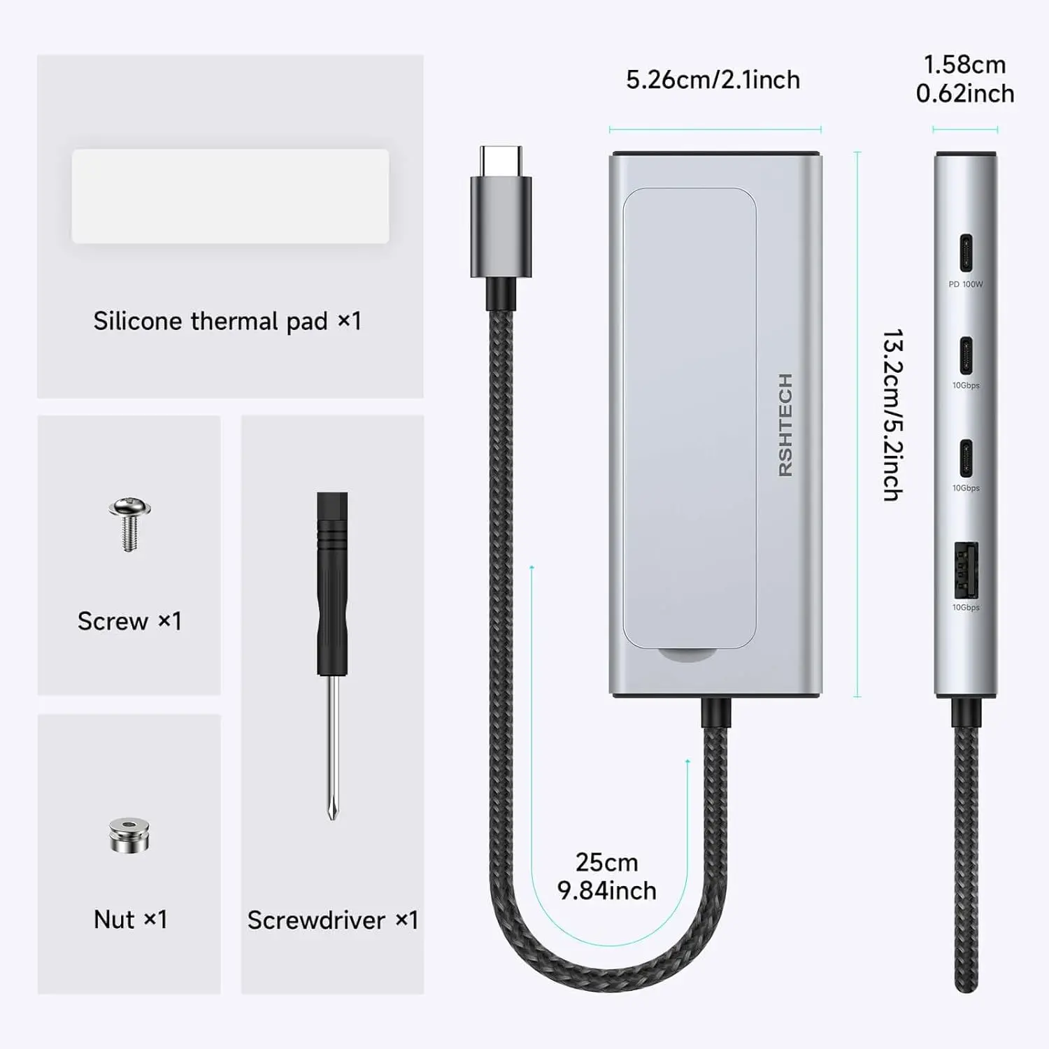 RSHTECH M.2 NVMe/SATA SSD Enclosure 5-in-1 Aluminum 10Gbps USB C Hub - Image 8