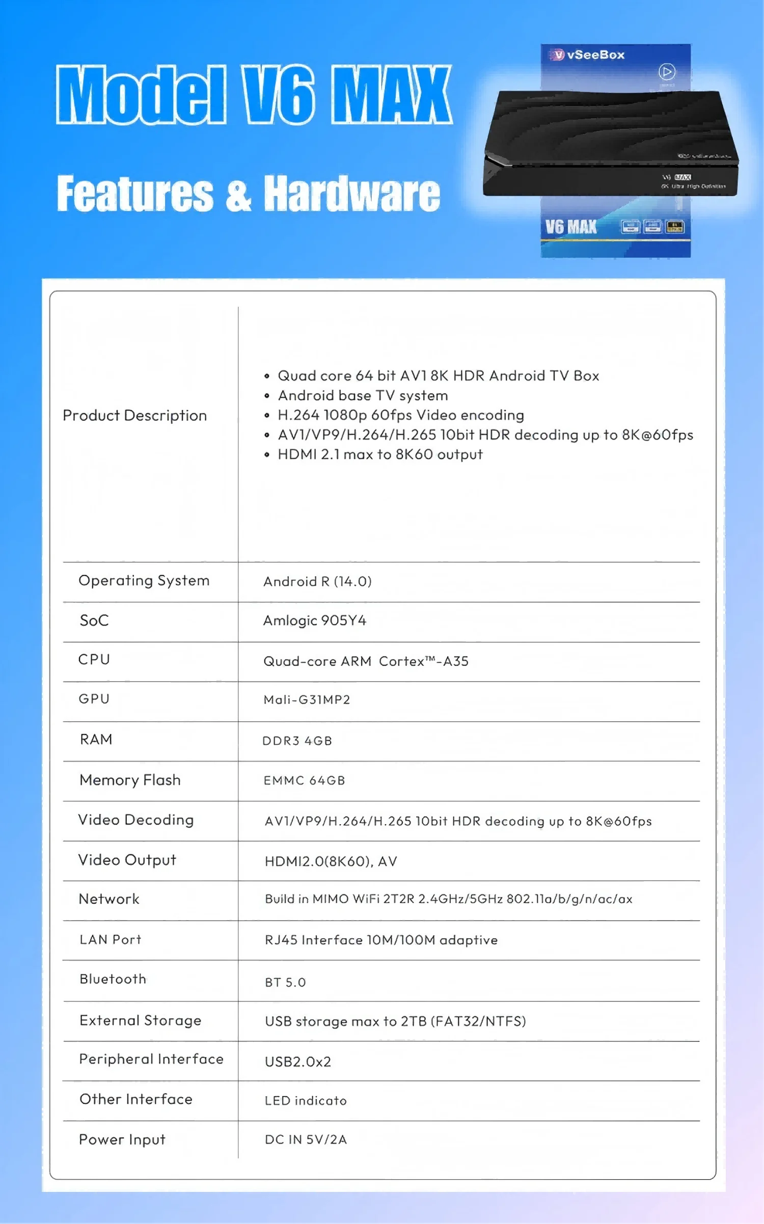 vSeeBox V6 Max Android 14, 4GB RAM 64GB Storage, Voice Control, WiFi 6, 8K HDMI, Complete Kit - Image 2