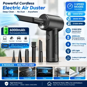 6000mAh Rechargeable Electric Air Duster, Cordless  with 3 Speed Settings up to 51000RPM