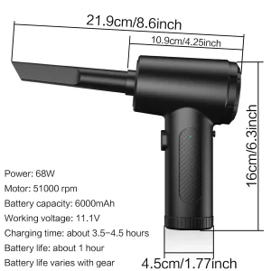 6000mAh Rechargeable Electric Air Duster, Cordless  with 3 Speed Settings up to 51000RPM - Thumbnail Image 7