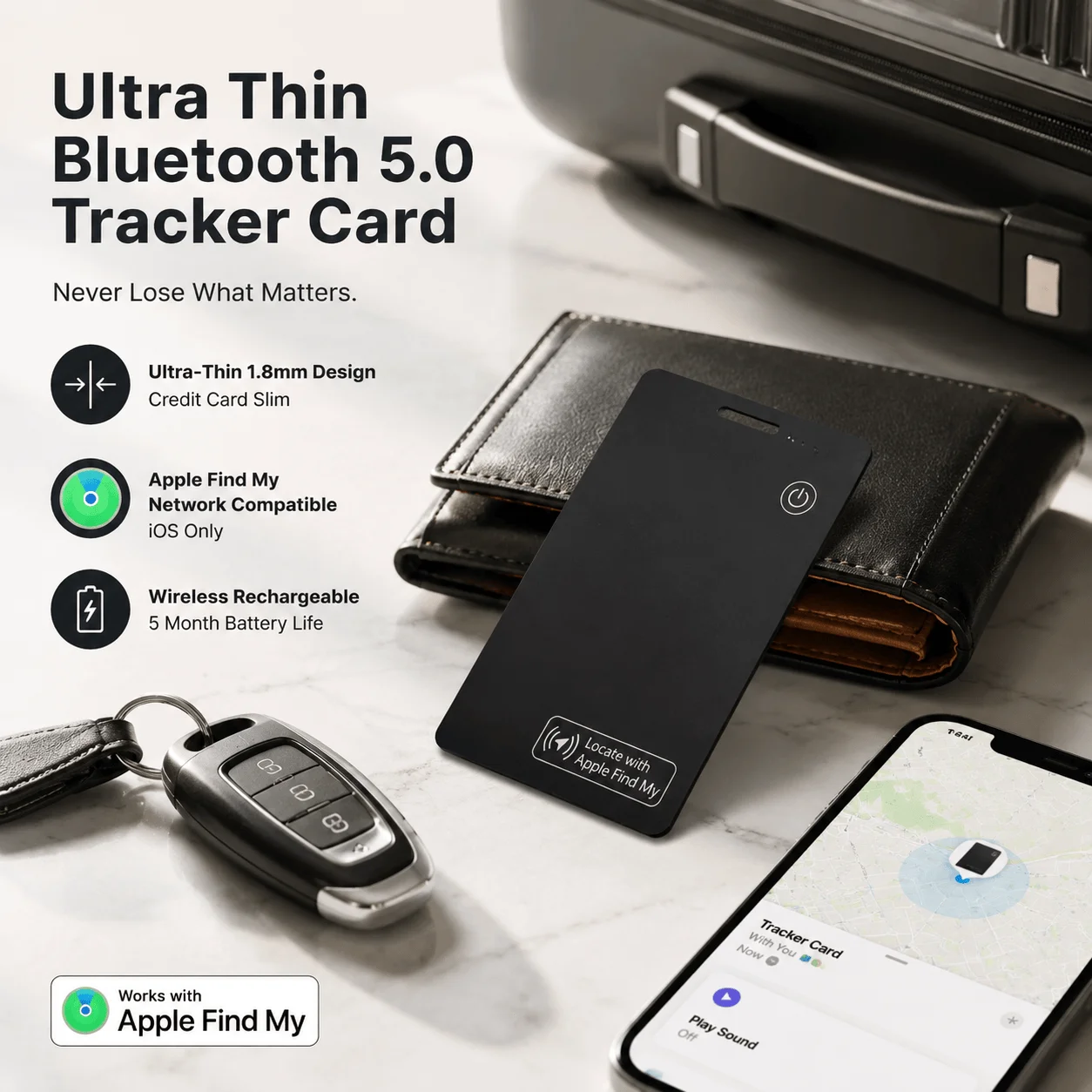 Ultra Thin Mini Bluetooth 5.0 Tracker Card Compatible with Find My Network iOS Only - Image 1
