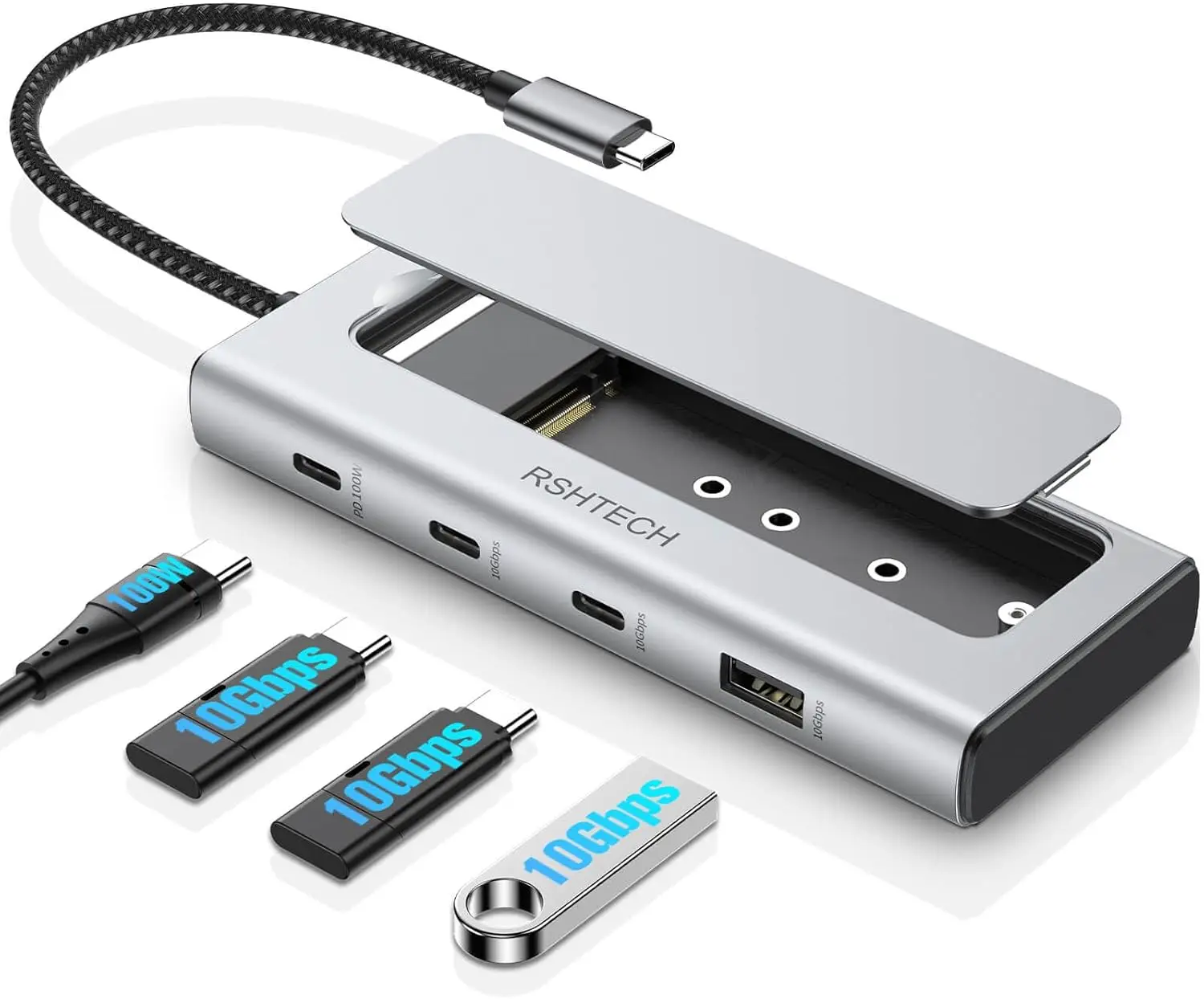 RSHTECH M.2 NVMe/SATA SSD Enclosure 5-in-1 Aluminum 10Gbps USB C Hub - Image 1